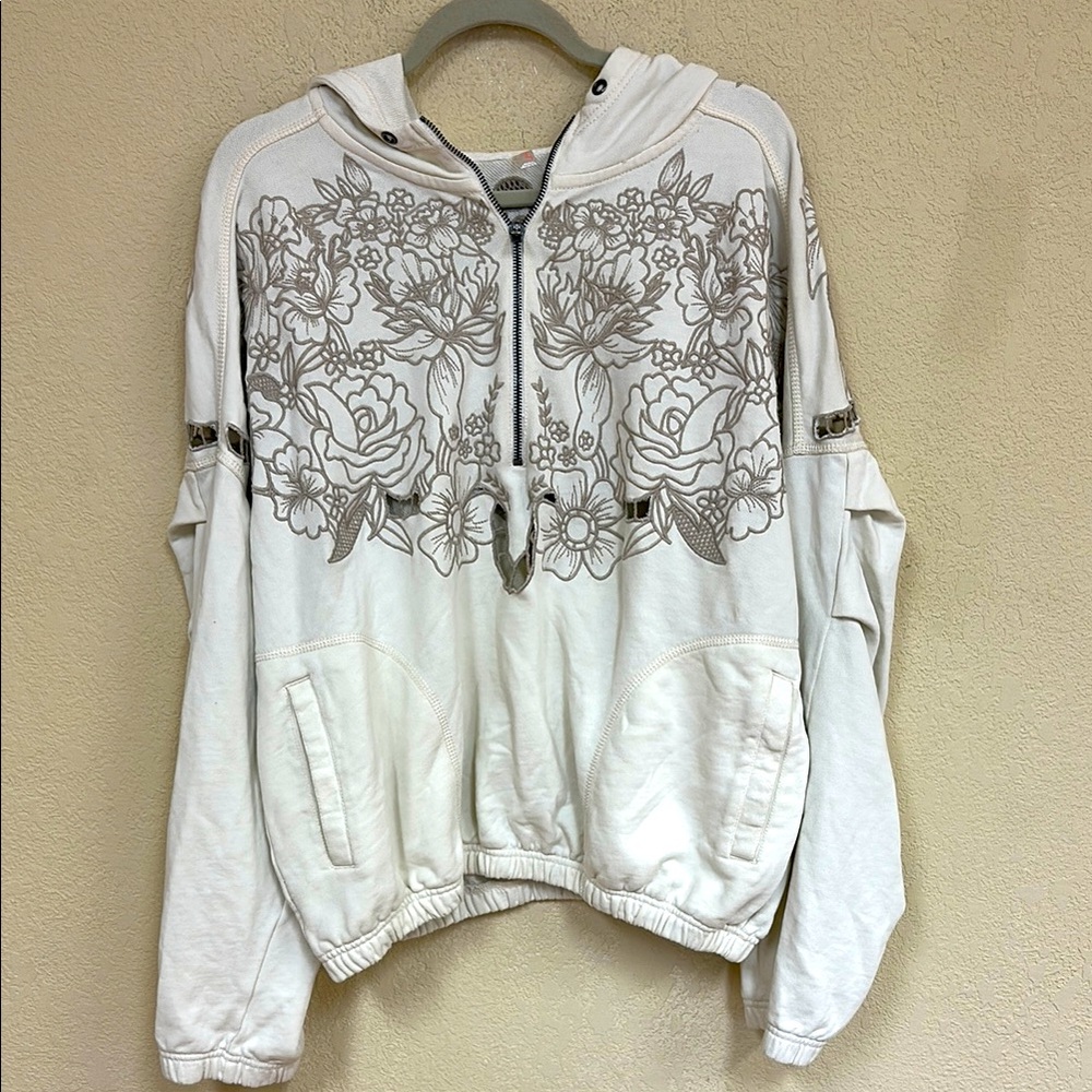 Free People Cream Floral Zip Hoodie